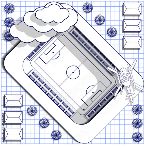 The stadium with a football field on the sheet in a cage. View from above. Vector illustration.