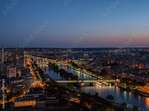 Detail of Paris from the top of Eiffel Tower  Paris  with Seine River at night