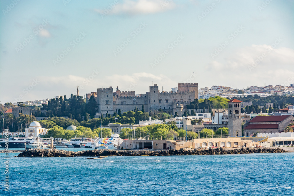 Rhodes old town, view from the sea, including the new agora and Grand Master Palace, Rhodes island, Greece