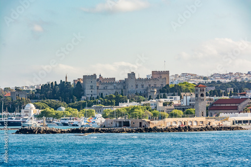 Fototapeta Naklejka Na Ścianę i Meble -  Rhodes old town, view from the sea, including the new agora and Grand Master Palace, Rhodes island, Greece