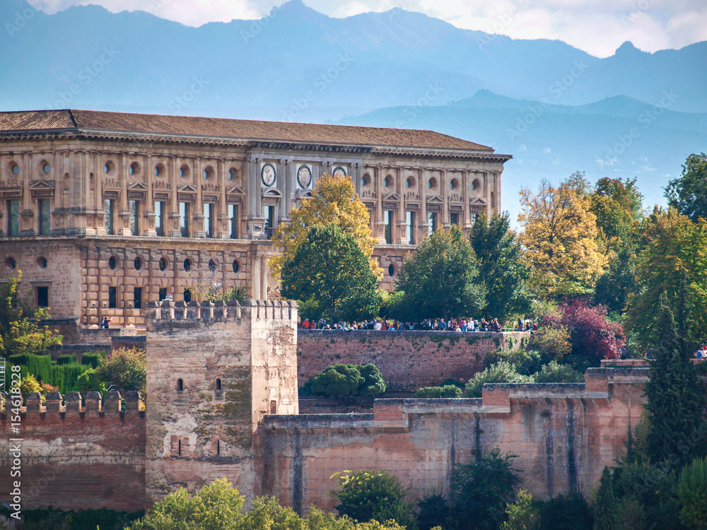 GRANADA, SPAIN - CIRCA OCTOBER, 2015: Alhambra of Granada with Charles V with people.