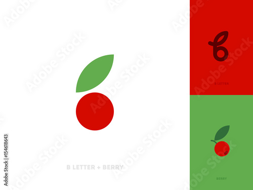 Flat style vector logo template or icon of letter b and red berry with leaf