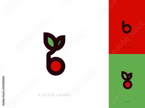Line art style vector logo template or icon of red berry with leaf and letter b