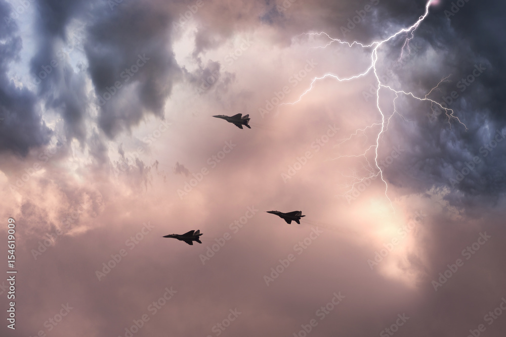 Fototapeta premium Soviet fighter and thunderstorm