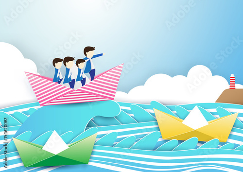 Business team work concept. businessman with leader on boat in the waves sea. Paper art and craft style