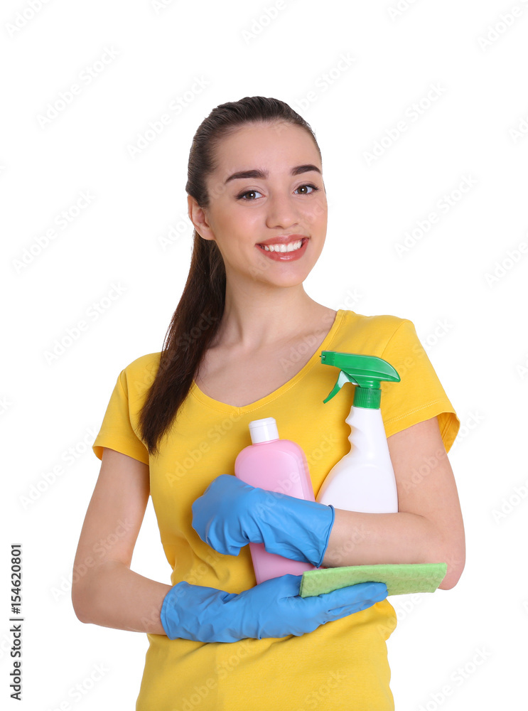 Beautiful young woman holding cleaning supplies for window on white background Beautiful young woman holding cleaning supplies for window on white background