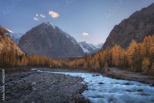 Mountain river on the background of autumn forest, snow capped mountains and blue sky