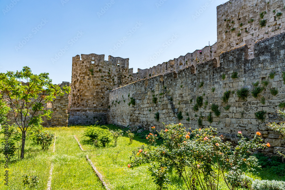 Picturesque walls of the Rhodes old town, close to the Freedom Gate and St Paul's Gate, Rhodes island, Greece