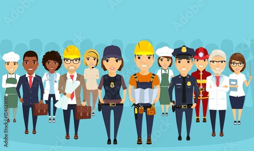 Workers of different professions. Society. Professionalism. Qualified. Employees of public service.On a blue background in flat style.