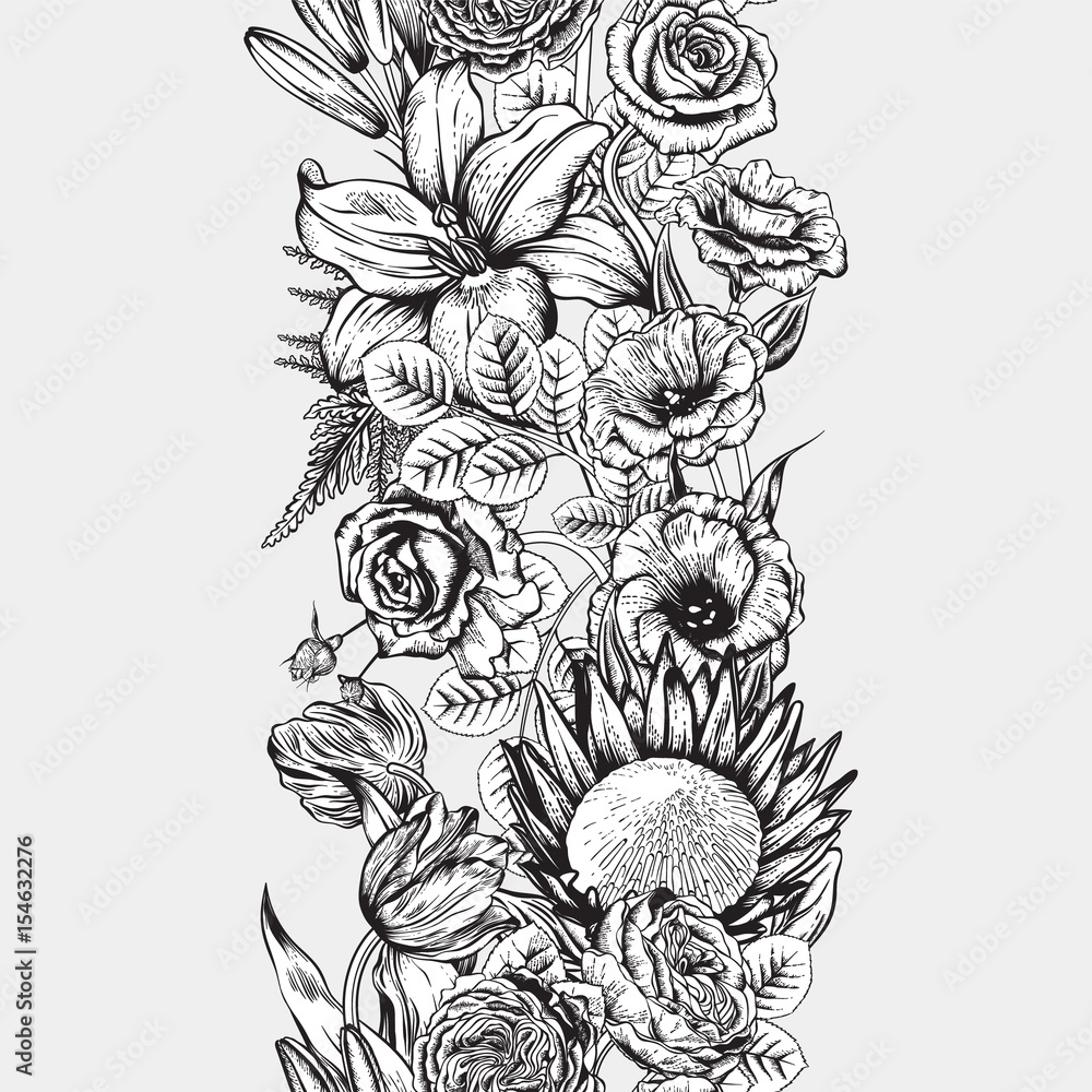 Seamless border. Bouquet of flowers. Vector illustration.