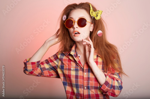 happy hipster girl in sunglasses
