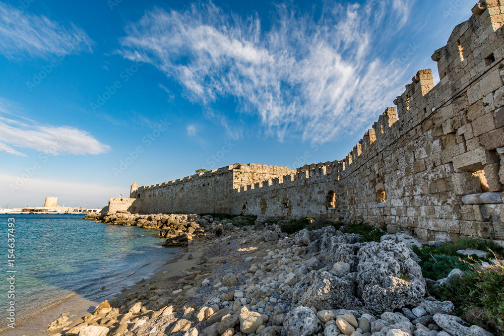 Astonishing walls of Rhodes old town, view from the seaside, Rhodes island, Greece