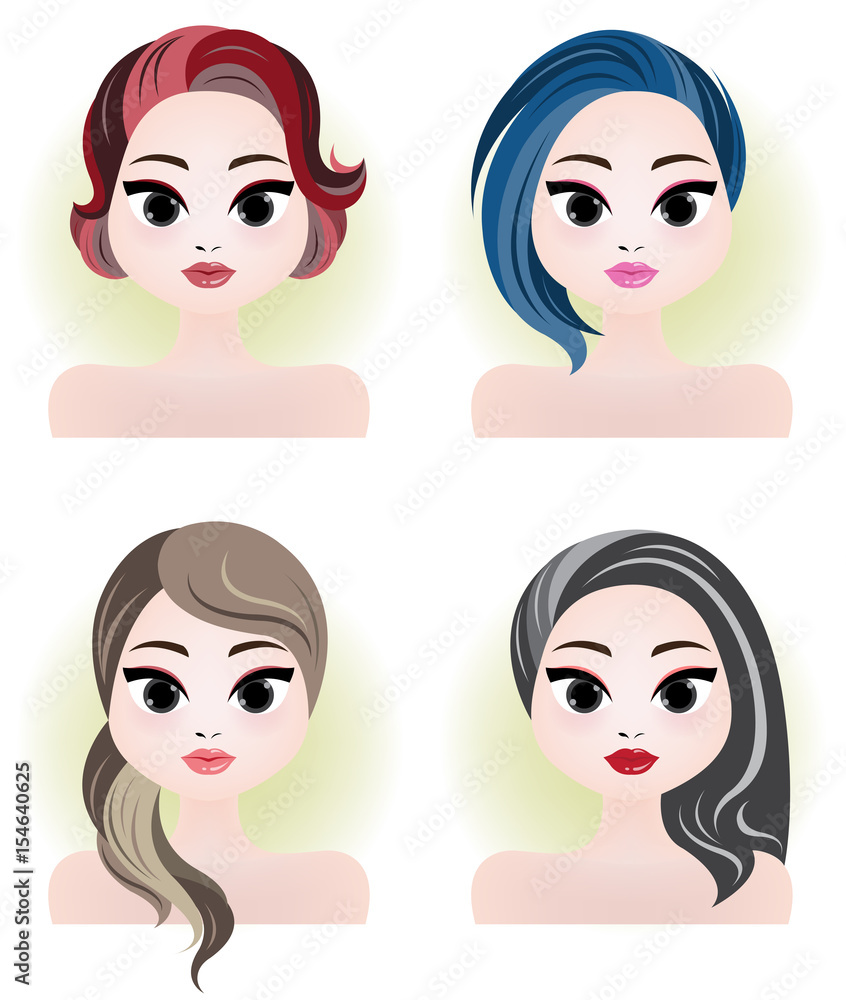 various young women long & short hair style icon, logo women face. various young women long & short hair style icon, logo women face.