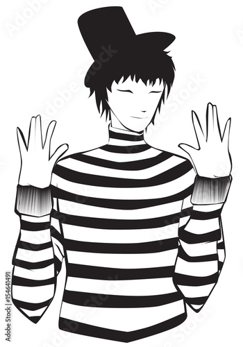 Black and white mime artist isolated on a white background