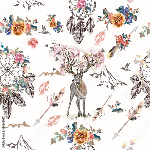 Botanical background with roses, field flowers and butterflies in vintage style