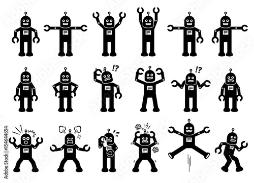 Robot Cartoon Characters in Various Poses, Actions, and Emotions. Cliparts depict the robot standing, moving, smiling, sad, crying, angry, and some other feelings.