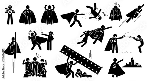 Stickman Superman Superhero. Cliparts depict a hero character in actions. The superhero is beating bad people, flying up, rescuing a girl, and protecting the city from villain.
