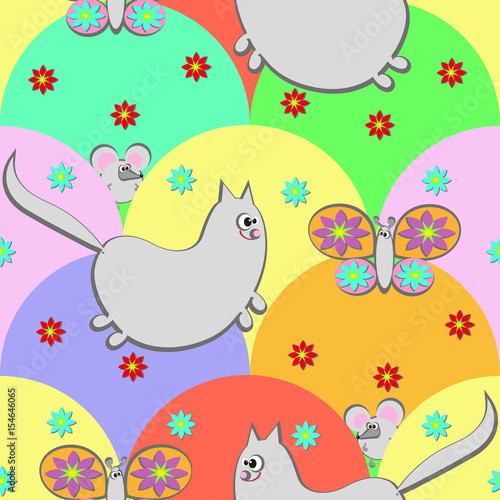 Seamless pattern with cartoon - funny cat and butterfly