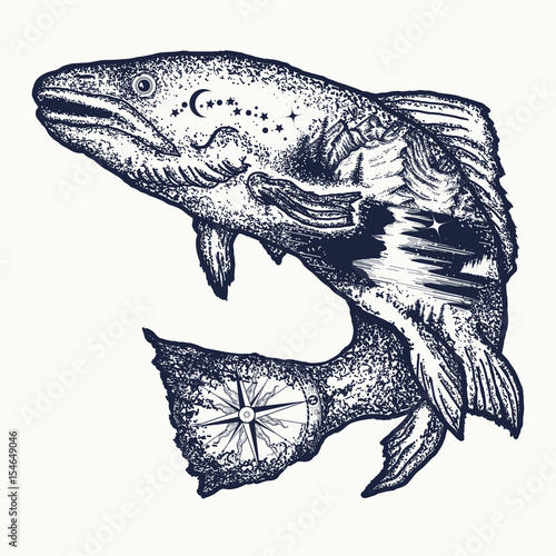Trout double exposure tattoo art and t-shirt design. Symbol of fishing, tourism, wild nature, outdoor, travel. Salmon double exposure tattoo
