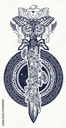 Sword and butterfly tattoo art and t-shirt design. Gothic symbol of war and peace, good and evil. Sword is braided by flowers tattoo