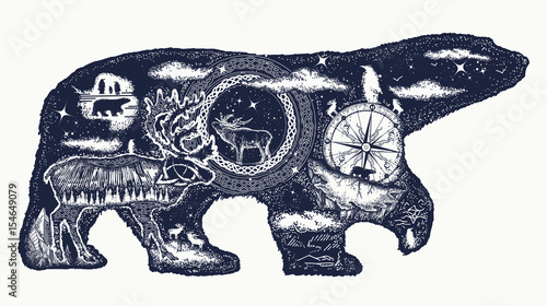 Polar bear double exposure tattoo art and t-shirt design. Symbol of Arctic, Antarctica, tourism, adventure, northern animals. Polar bear tattoo