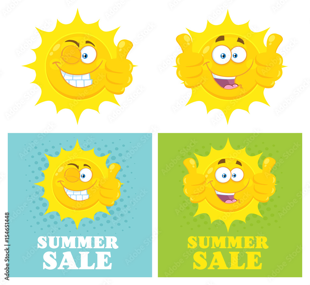 Happy Yellow Sun Cartoon Emoji Face Character Giving Thumbs Up. Flat Design Illustration With Halftone Background And Text Summer Sale
