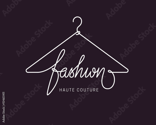 Creative fashion logo design. Vector sign with lettering and hanger symbol. Logotype calligraphy