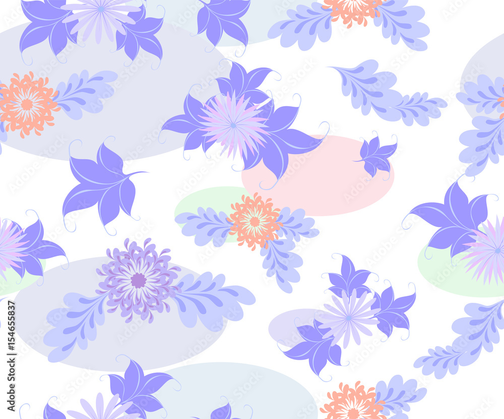 Seamless background with blue flowers and ellipses on a uniform white background. EPS10 vector illustration