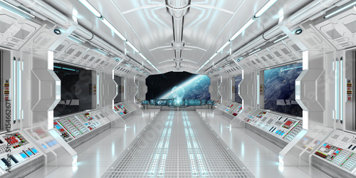 Fototapeta Naklejka Na Ścianę i Meble -  Spaceship interior with view on the planet Earth 3D rendering elements of this image furnished by NASA