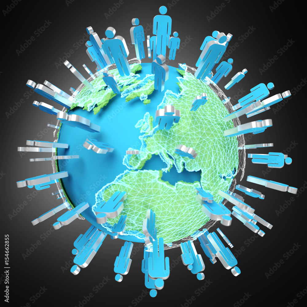 3D rendering group of icons people surrounding planet Earth