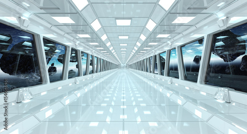 Fototapeta Naklejka Na Ścianę i Meble -  Spaceship corridor with view on the planet Earth 3D rendering elements of this image furnished by NASA