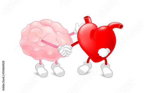 Brain and heart harmony. Partners shaking hands as a symbol of unity. Contract, cooperation and teamwork concept. Vector illustration isolated on white background.