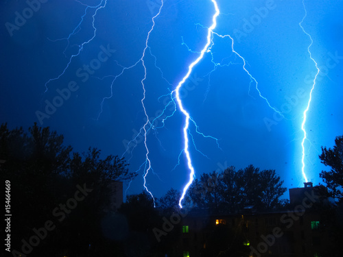 Lightning. Summer rain with a thunderstorm over St. Petersburg.