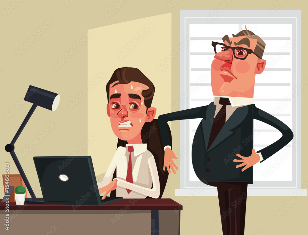 Strict boss businessman watching scared employees office worker
