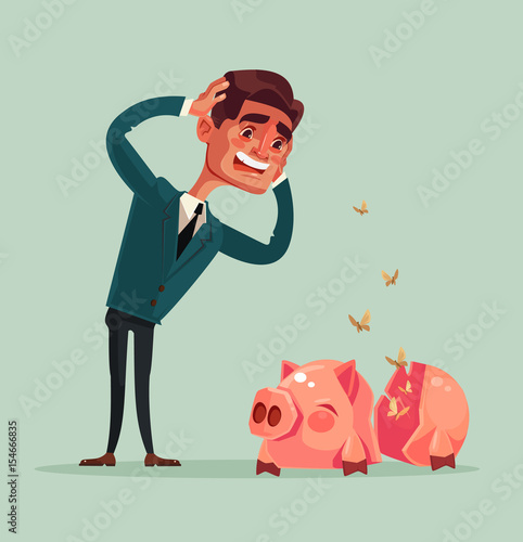 Broken empty piggy bank. No money. Sad unhappy crying office worker businessman character. Vector flat cartoon illustration