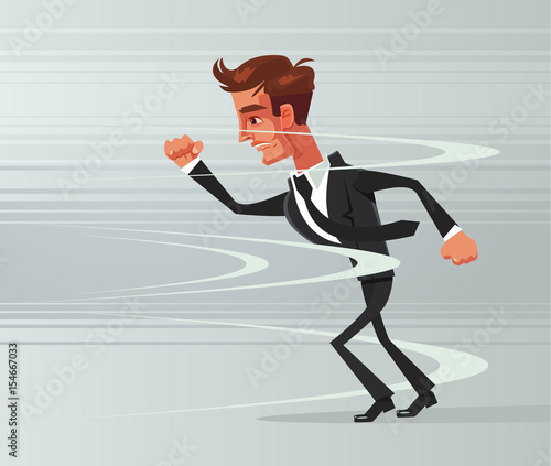 Strong brave businessman office worker character go against wind. Vector flat cartoon illustration