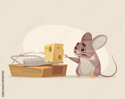Scared mouse character trying to get cheese out of mousetrap. Vector flat cartoon illustration
