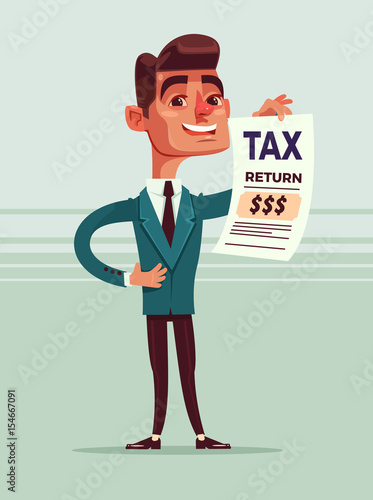 Happy smiling businessman office worker character holds tax return document. Vector flat cartoon illustration
