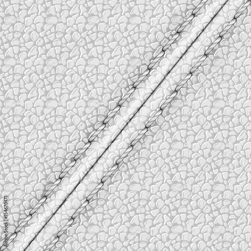 Realistic leather texture with a seam. White leather background with stitching. Vector illustration