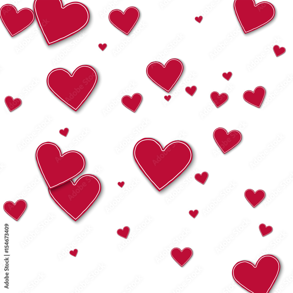 Random red paper hearts. Scatter horizontal lines on white background. Vector illustration.