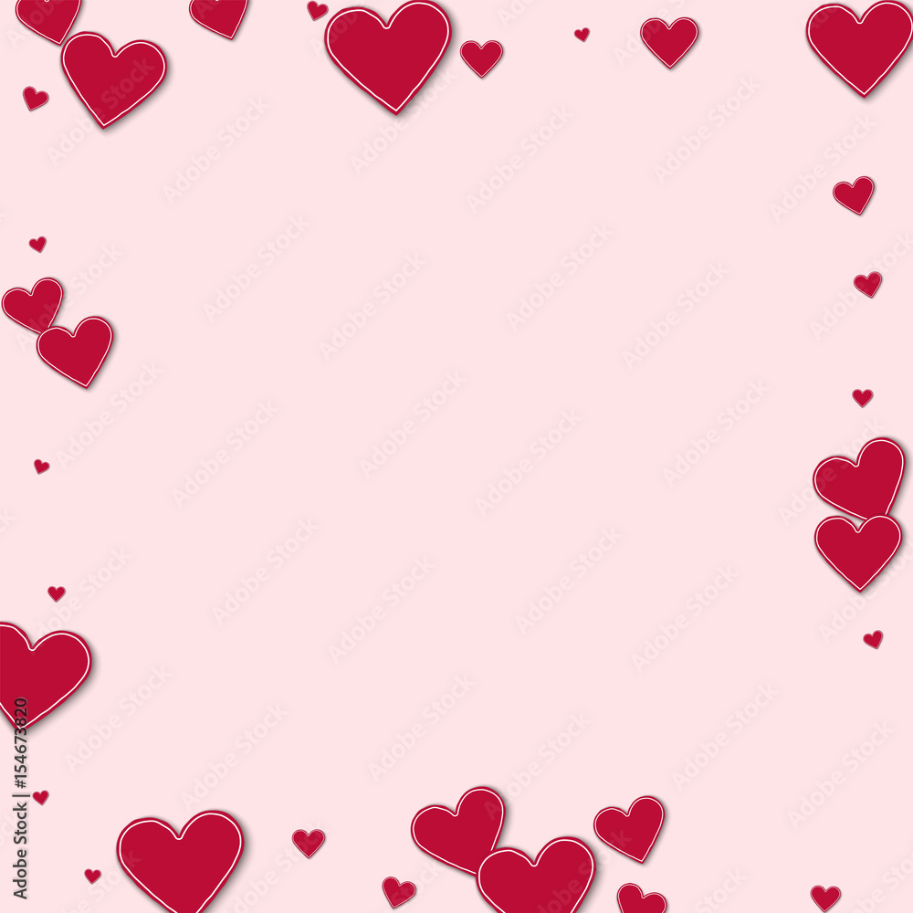 Cutout red paper hearts. Square scattered border on light pink background. Vector illustration.