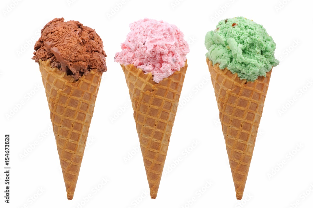 Chocolate, cherry and pistachio ice cream in waffle cones isolated on a white background