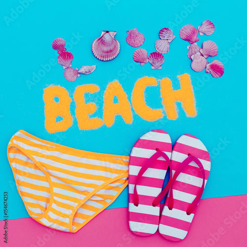 Beachwear Summer time. Flip-flops, strip, love art photo