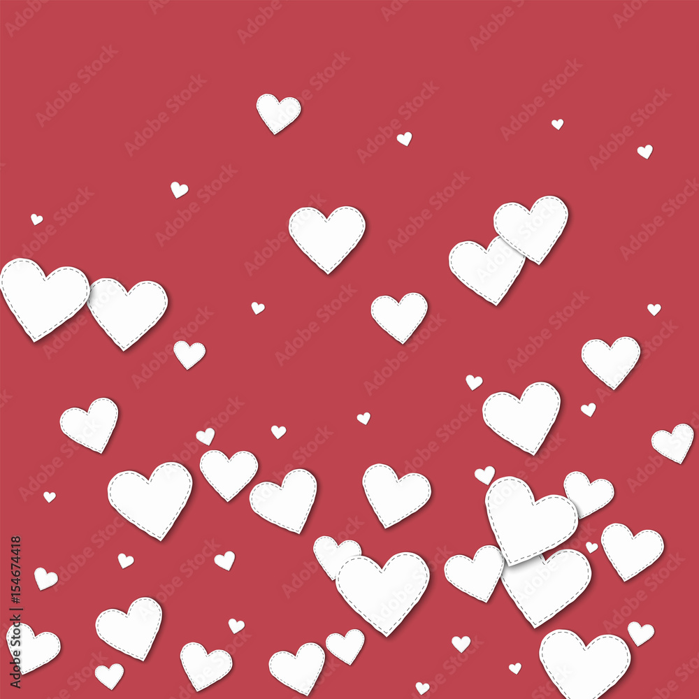 Cutout white paper hearts. Bottom gradient with cutout white paper hearts on crimson background. Vector illustration.