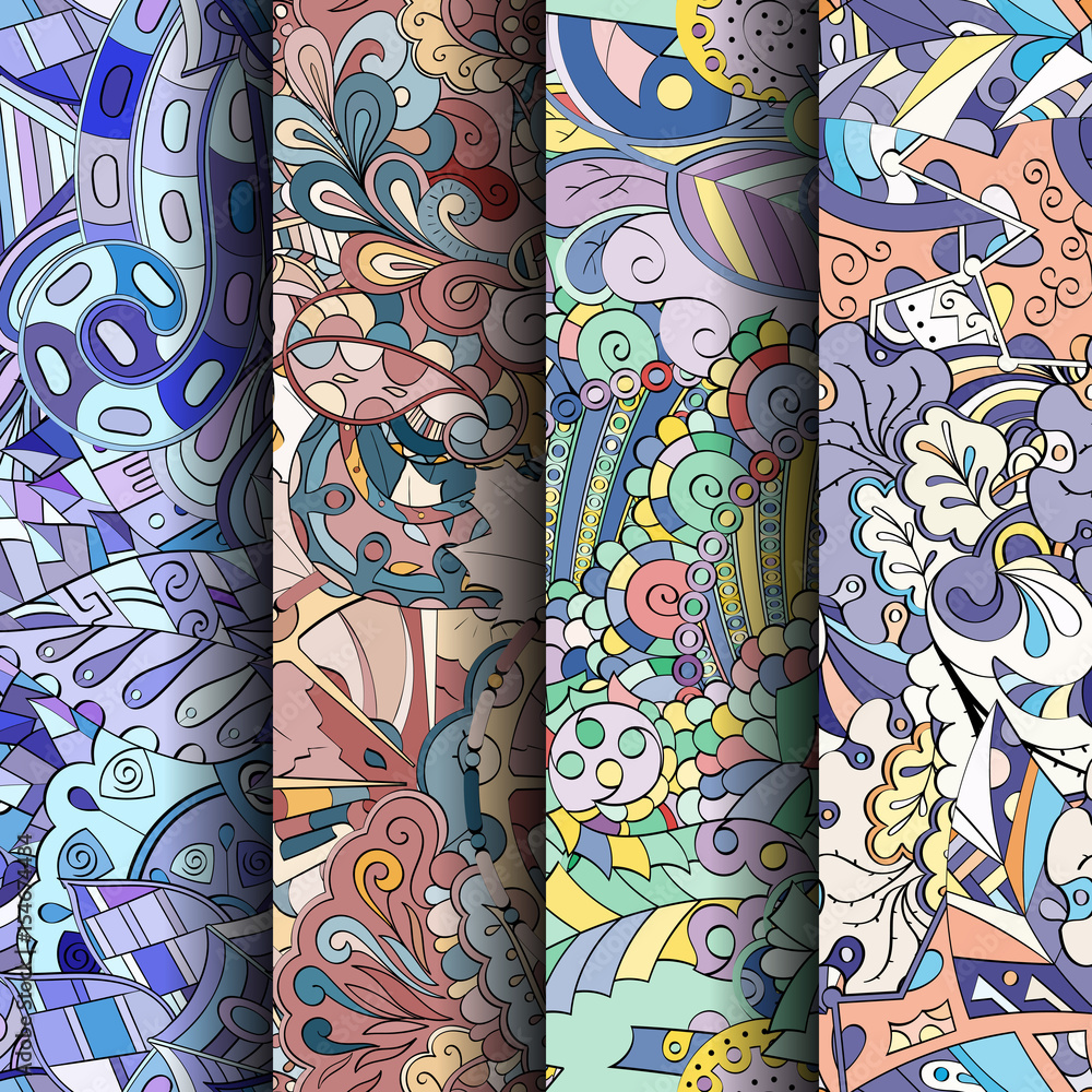 Fototapeta Set of tracery colorful seamless patterns. Vertical stripes. Curved doodling backgrounds for textile or printing with mehndi and ethnic motives. Vector