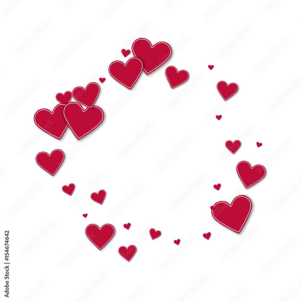 Cutout red paper hearts. Bagel frame on white background. Vector illustration.