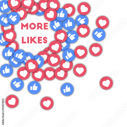 More likes. Social media icons in abstract shape background with scattered thumbs up and hearts. More likes concept in beautiful vector illustration.