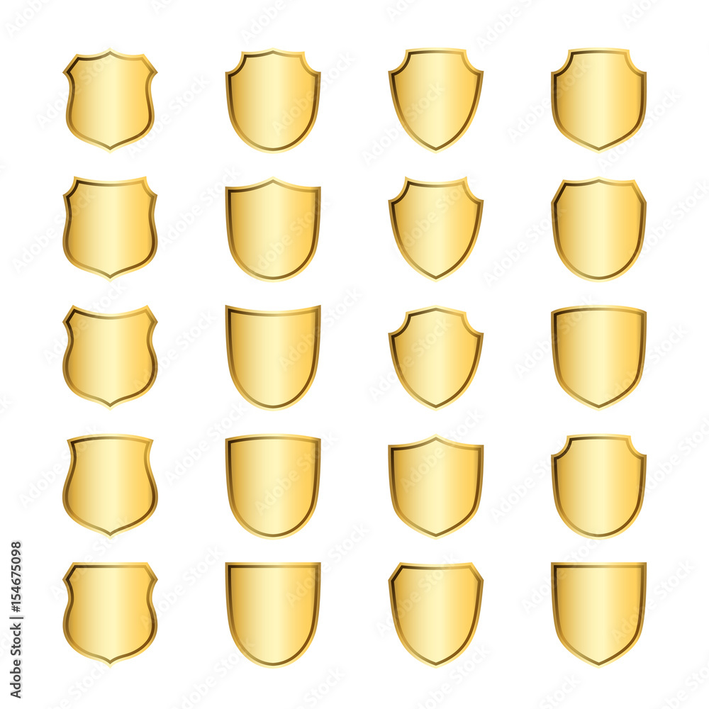 Gold shield shape icons set. 3D golden emblem signs isolated on white ...