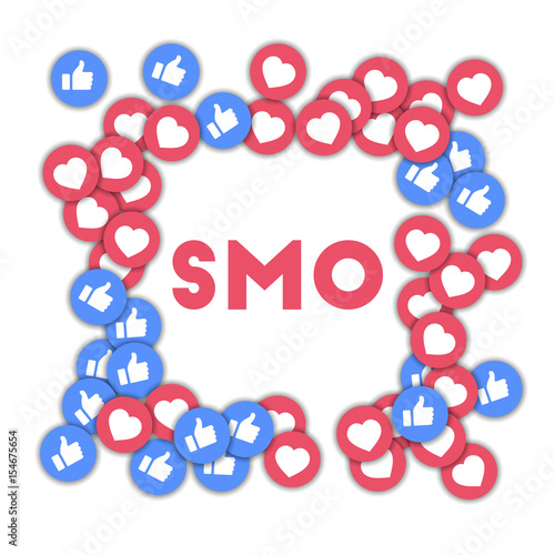 SMO. Social media icons in abstract shape background with scattered thumbs up and hearts. SMO concept in ideal vector illustration.