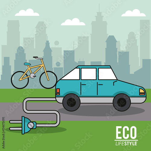 Fototapeta Naklejka Na Ścianę i Meble -  eco lifestyle electric car bike green transport city background vector illustration
